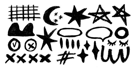 Collection various geometric shapes and graffiti doodle punk, charcoal pencil drawn . Crown, arrow, lightning, lattice and squiggles.  Vector geometric figures and objects.