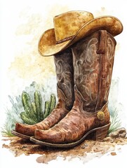 Cowboy Boots and Hat Watercolor Illustration