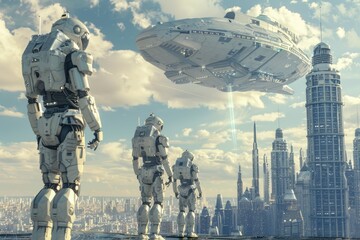 A group of robots standing on the rooftop, ready for action