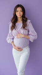 Obraz premium A middleaged pregnant Asian woman standing with on 163 woman, pregnancy, belly, mother, beauty, baby, body, expecting, maternity, parent, motherhood, love, abdomen, stomach, people, studio, smile, tu