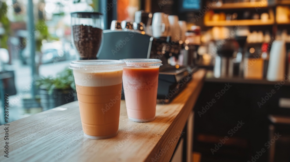 Poster two beverage cups sit on a wooden counter in a cafe, showcasing an iced latte and a flavored drink i