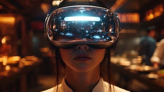 A chef in a high-tech kitchen uses virtual reality equipment to enhance culinary skills and creativity in a vibrant dining atmosphere.