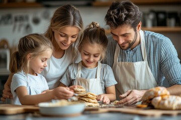 Young nuclear family making pancakes together
