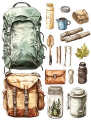 Watercolor Illustration of Camping Equipment