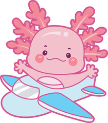 Illustration of cute axolotl activities icon.
Funny pink axolotl in daily routine stickers.