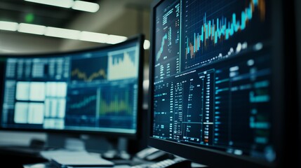 Corporate Financial Analysis with detailed graphs and charts on multiple screens 