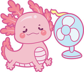 Illustration of cute axolotl activities icon.
Funny pink axolotl in daily routine stickers.