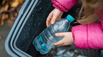 Child's hands holding a plastic bottle over a recycling bin, ready to recycle
