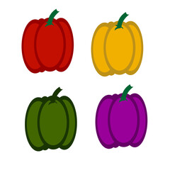 set of peppers, red, yellow, green and purple peppers with transparent background