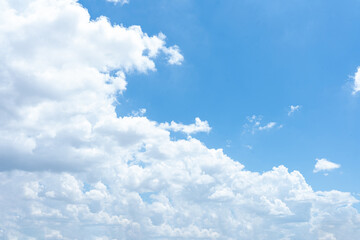 A bright blue sky with fluffy white clouds