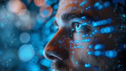 Man being scanned by futuristic hologram technology	
