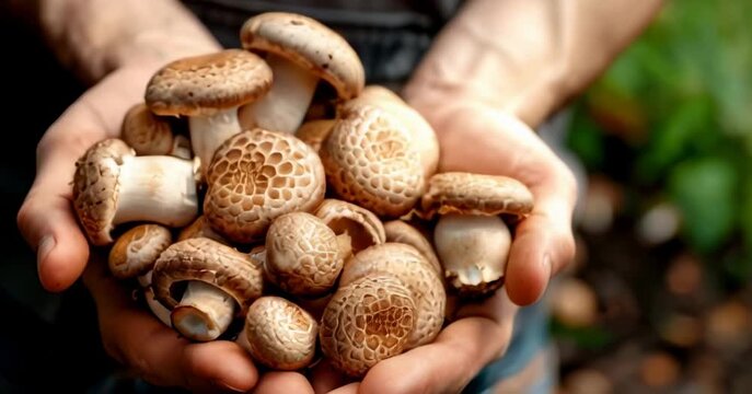 Fresh shiitake mushrooms on farmer hands