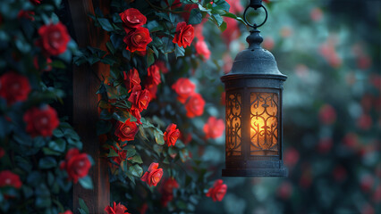 Glowing lantern in the garden with red roses