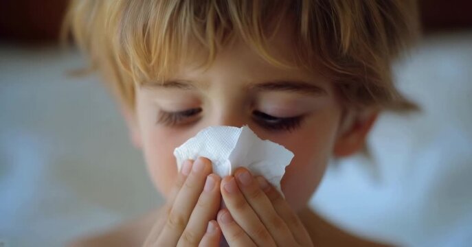 Sneezing young boy with tissue, plain white background, illustrating cold or allergy symptoms