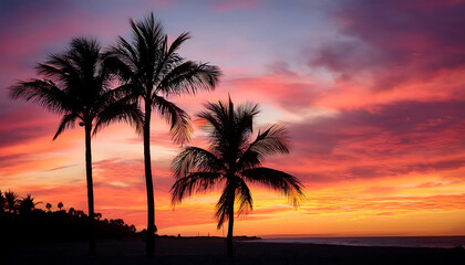 Fototapeta na wymiar three palm trees silhouetted vibrant pink orange sunset sky