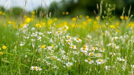 Obraz premium A field of yellow and white flowers with a few brown weeds