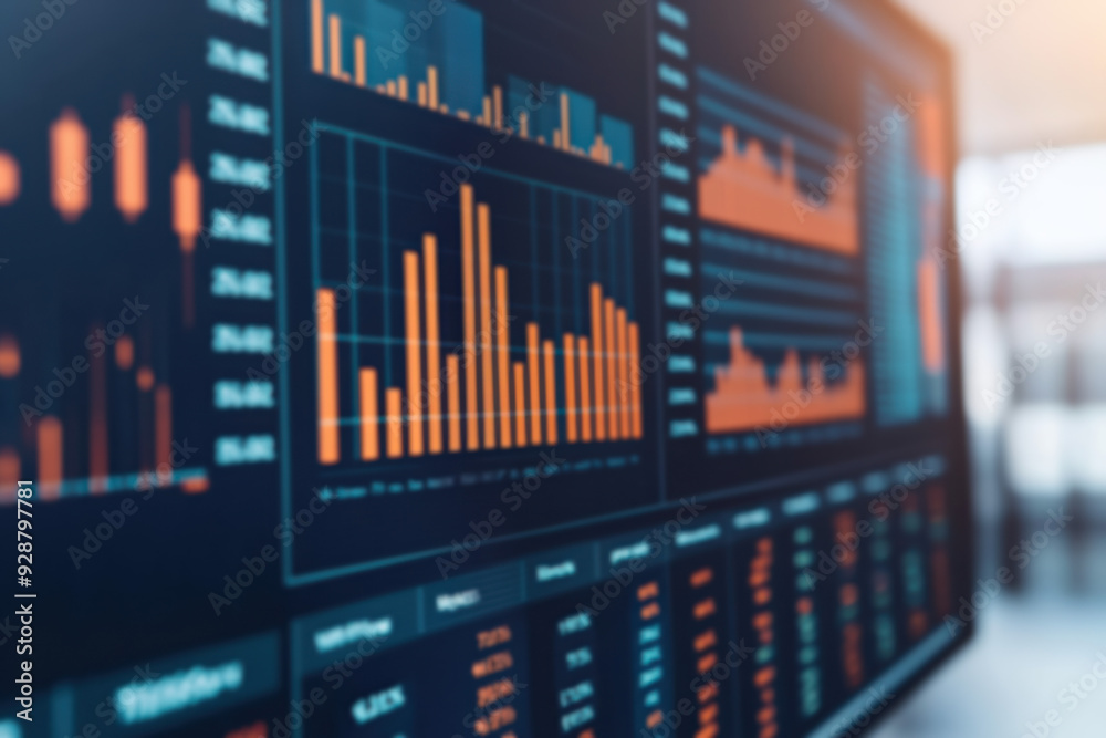 Poster close-up of computer screen displaying colorful graphs and charts with financial data in a modern of