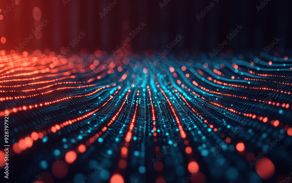 Poster abstract digital particle wave with vibrant red and blue lights. futuristic technology background re