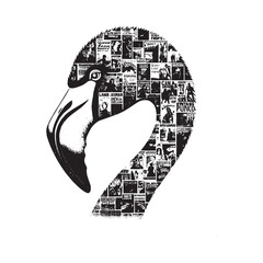 silhouette of Flamingo filled with vintage punk's poster collage wall in rough drawing