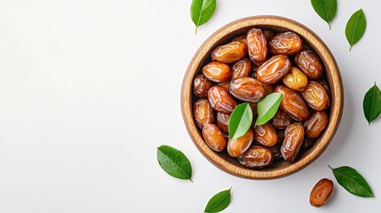Fototapeta premium Bowl of dried dates with green leaves on a white background