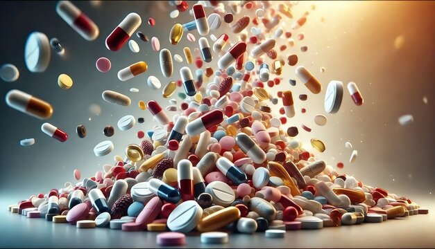 Pastillas, c&aacute;psulas y p&iacute;ldoras cayendo en el aire. Divertido y colorido