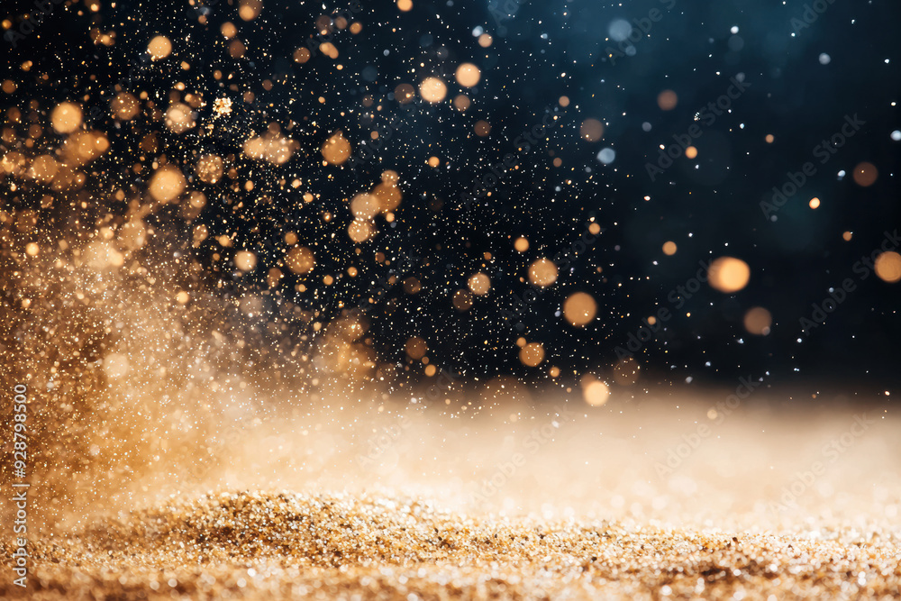 Poster golden particles floating in a dark space, illuminated by light, creating a magical and dreamy atmos