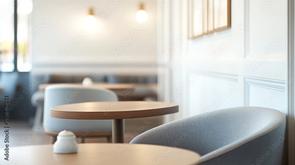 Poster a tranquil cafe features wooden tables and comfortable chairs, bathed in natural light, creating a w