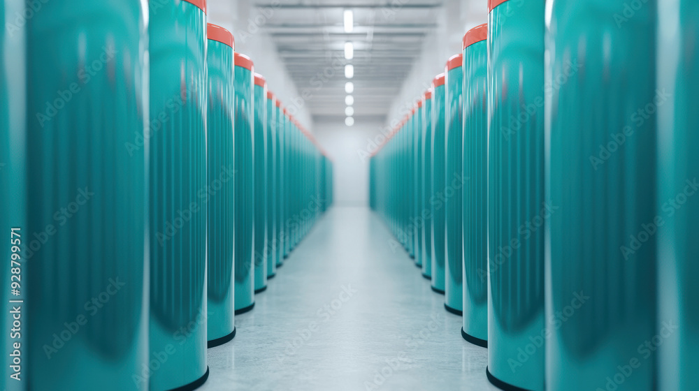 Poster modern data center with rows of teal-colored server racks. symmetrical aisle creating a futuristic, 