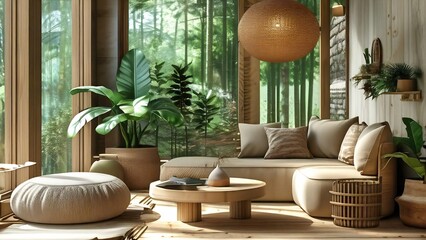 Sala de una casa ecológica y autosustentable. 