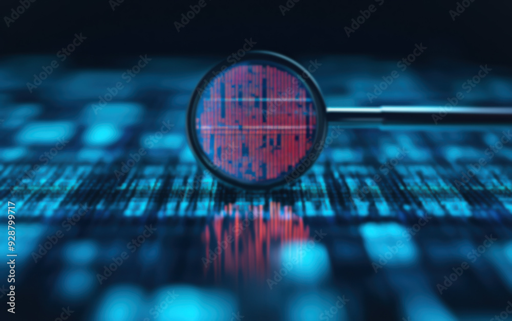 Poster magnifying glass scanning digital code, highlighting data patterns in red on a blue background, emph