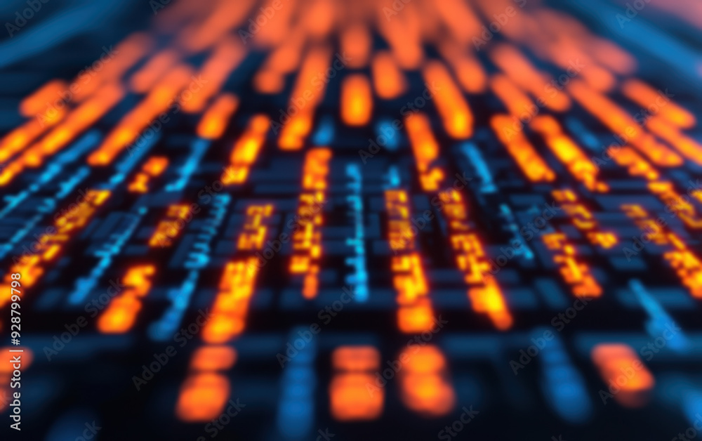 Poster blurred close-up of computer code with glowing orange and blue text, symbolizing programming, coding