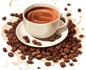 Obraz premium Coffee cup surrounded by scattered roasted coffee beans