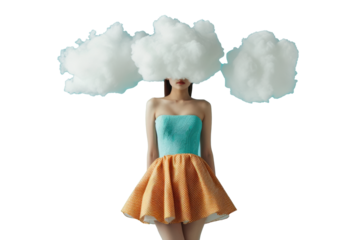 An Asian woman in a dress, with her head in the clouds