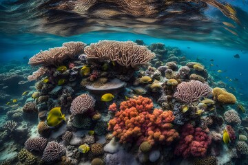 Obraz premium An underwater view of a coral reef with vibrant corals and a variety of marine life swimming around, AI Generated