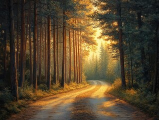 Obraz premium Sunlight filtering through pine trees onto a quiet forest road, tranquil and scenic.