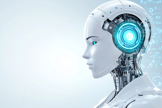 A digital illustration of an AI robot head with futuristic design elements, set against a white background. The subject is in profile view and appears to be in deep concentration while looking forward