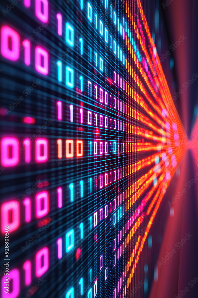 Poster colorful binary code on a digital screen representing data flow and technology in a futuristic, vibr