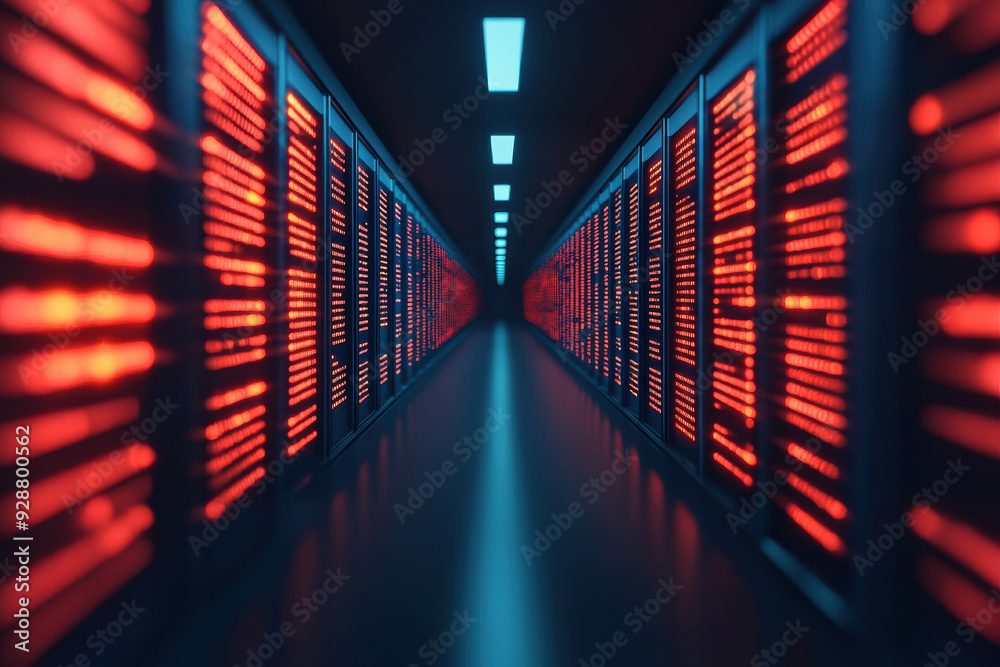 Poster a futuristic data center hallway with rows of glowing red server racks, creating an immersive high-t