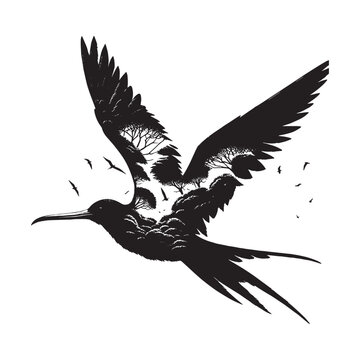 recommend clip art: silhouette of Frigatebird filled with nature view in rough drawing