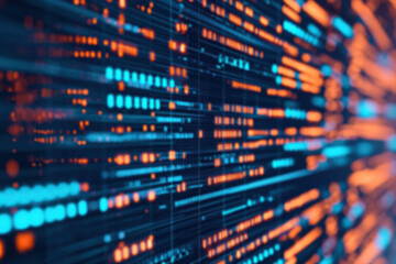 Obraz premium Abstract visualization of big data analysis with bright blue and orange light clusters representing digital information on a dark background.