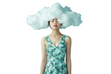 An Asian woman in a dress, with her head in the clouds
