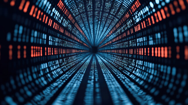 Abstract digital data tunnel with glowing binary code representing technology, computing, and information flow in vibrant blue and red hues.
