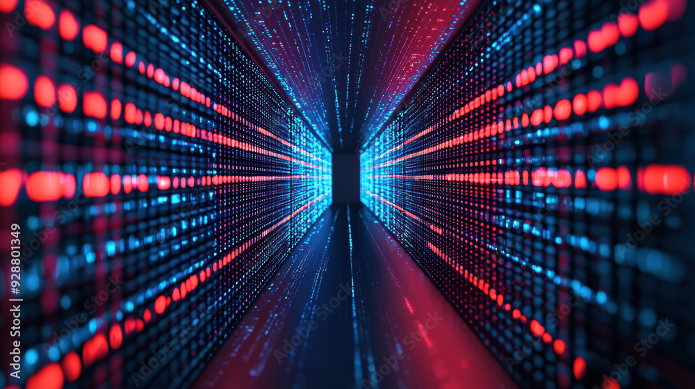 Poster futuristic digital hallway with glowing red and blue lights, creating a tunnel effect symbolizing te