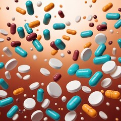 Pastillas, cápsulas y píldoras cayendo en el aire. Divertido y colorido