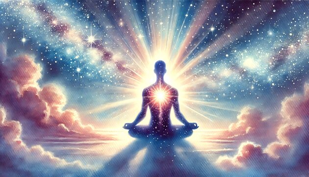 Watercolor artistic image of man in yoga pose all shakra colors glow.