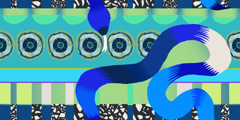 Exotic hand drawn geometric pattern with snakes. Dynamic bold print. Fashionable template for design. 