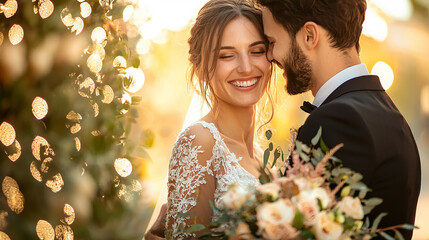 Wedding couple, hugging holding bouquet, smiling lovingly. Generative AI