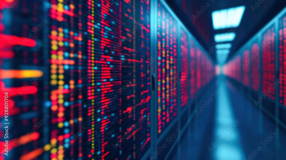 Poster abstract image of a server room with rows of servers and glowing data lights, representing modern te