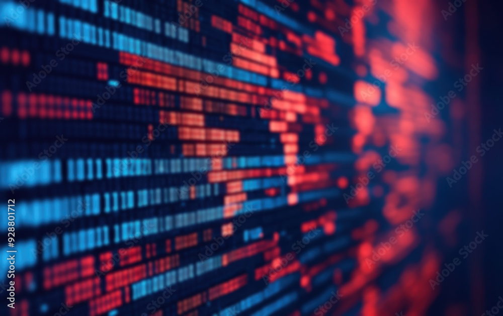 Poster abstract close-up of digital binary data code on a screen with red and blue tones, symbolizing techn