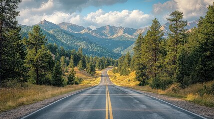 Fototapeta premium Road with a distant view of mountains, pine trees framing the scene, majestic and vast.